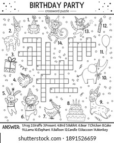 Vector black and white Birthday party crossword puzzle for kids. Simple outline quiz with holiday objects and animals for children. Educational line activity with traditional celebration elements