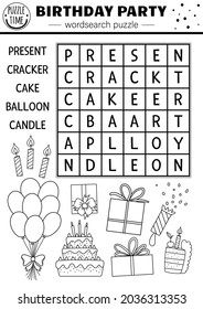 Vector black and white Birthday party wordsearch puzzle for kids. Simple holiday crossword with present, cake, balloon, candle. Educational anniversary celebration keyword activity
