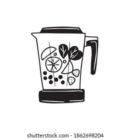 Vector black and white blender full of fruits and berries. Smoothie preparation, healthy diet6 vegan food. Simple doodle illustration