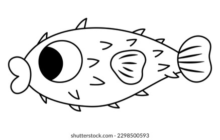 Vector black and white blowfish icon. Under the sea line illustration with cute funny deflated spiky fish. Ocean animal clipart. Cartoon underwater or marine clip art, coloring page for children
