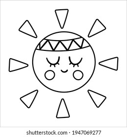 Vector black and white boho sun with band on the head. Bohemian planet line icon isolated on white background. Celestial star outline illustration.
