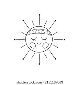 Vektorschwarz-weiße Bohsonne mit Band auf dem Kopf. Böhmische Planetenlinie Symbol einzeln auf weißem Hintergrund. Himmelssternumrissgrafik