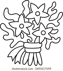 Vector black and white bouquet with seaweeds and lilies. Beautiful line marine flower illustration or coloring page. Princess or mermaid blooming plant clipart with water lilies
