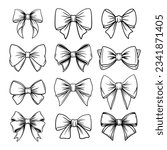 Vector Black and White Bow Tie or Gift Bow with Outline, Cut Out Icon Set Isolated on White Background. Bows Collection. Bow Design Template