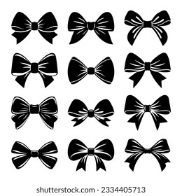 Vector Black and White Bow Tie or Gift Bow Silhouette Cut Out Icon Set Isolated on White Background. Bows Collection. Bow Shape Design Template