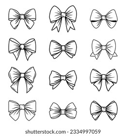 Vector Black and White Bow Tie or Gift Bow Silhouette with Outline, Cut Out Icon Set Isolated on White Background. Bows Collection. Bow Shape Design Template