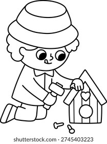 Vector black and white boy building wooden birdhouse with hammer and nails. Cute kid gardener line clipart. Funny child doing gardening works. Nature illustration, coloring page with child