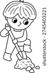 Vector black and white boy digging the ground with spade. Cute kid gardener line clipart. Funny child doing gardening works, planting a tree. Nature illustrations, coloring page with children
