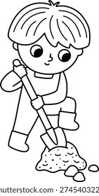 Vector black and white boy digging the ground with spade. Cute kid gardener line clipart. Funny child doing gardening works, planting a tree. Nature illustrations, coloring page with children

