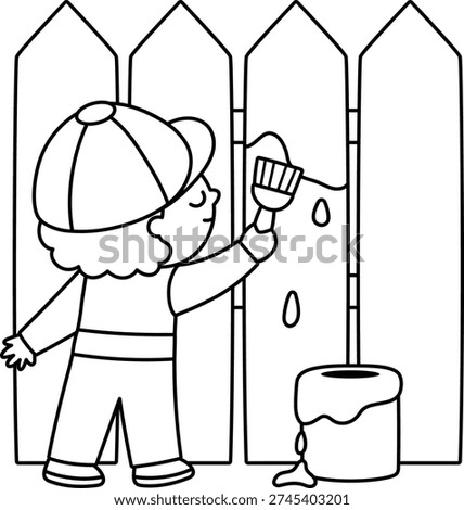 Vector black and white boy painting wooden fence with paint. Cute kid gardener clipart. Funny child doing gardening works. Nature line illustration, coloring page