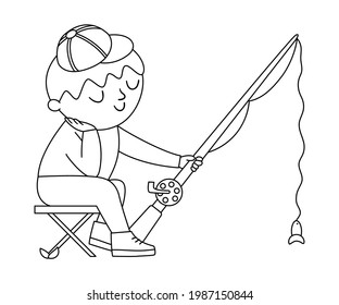 Vector black and white boy sitting on a folding chair and fishing. Outline campfire activity scene with cute kid and rod. Traveler isolated on white background. Summer camp tourist icon. 
