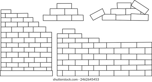 Conjunto de pared de ladrillo blanco y negro de Vector. Ilustración del sitio de construcción. Clipart de línea de pila de ladrillo o página para colorear aislado sobre fondo blanco
