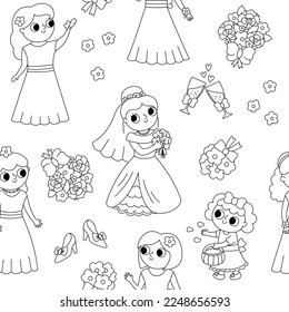 Vector black and white bridal showers seamless pattern with bride, bridesmaids, flower bouquet. Cute line repeat background with just married girl and her friends. Wedding ceremony coloring page
