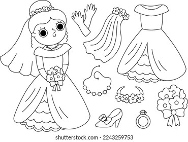 Vector black and white bride clothes set. Cute just married girl with dress, accessory. Wedding ceremony line icon pack. Newly married woman coloring page with veil, shoe, bouquet
