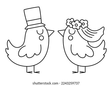 Vector black and white bride and groom birds in veil with flowers and hat. Cute wedding line animals. Funny marriage clipart element. Just married kissing couple. Cartoon ceremony coloring page
