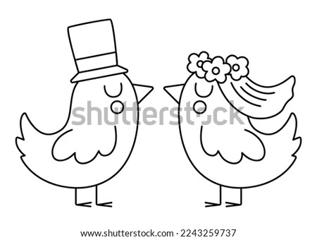 Vector black and white bride and groom birds in veil with flowers and hat. Cute wedding line animals. Funny marriage clipart element. Just married kissing couple. Cartoon ceremony coloring page
