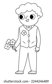 Vector black and white bridegroom illustration. Cute outline boy in vest with flower. Wedding ceremony line icon. Cartoon marriage guest. Elegant man coloring page. Cute gentleman in smart suit
