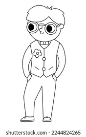 Vector black and white bridegroom illustration. Cute outline boy in glasses and vest. Wedding ceremony line icon. Cartoon marriage guest. Elegant man coloring page. Cute gentleman in smart suit
