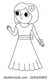 Vector black and white bridesmaid illustration. Cute line girl in dress with flower in hair. Wedding ceremony icon. Cartoon marriage guest. Elegant woman coloring page. Cute lady in smart outfit
