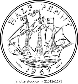 Vector black and white British money coin One old halfpenny with galleon on reverse