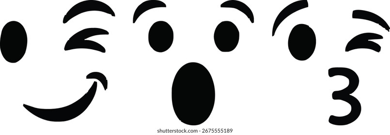 Colección de contorno de Emoji de pincelada en blanco y negro de Vector: Caras expresivas dibujadas a mano