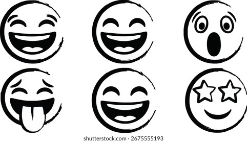 Vector Black and White Brush Stroke Emoji Collection: Hand-Drawn Expressive Faces for Digital Communication and Emotional Impact