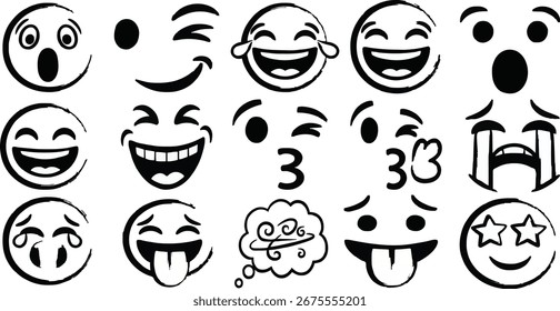 Vector Black and White Brush Stroke Emoji Collection: Hand-Drawn Expressive Faces for Digital Communication and Emotional Impact