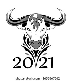 Vector black and white bull with a logo ornament. Symbol of the year 2021