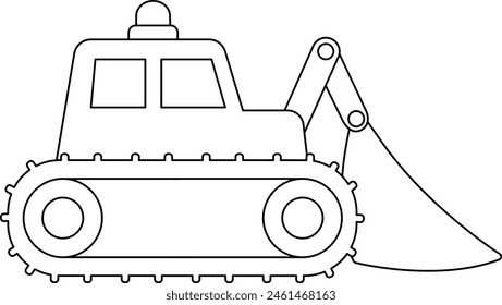 Vector black and white bulldozer with shovel, scoop, crawler. Construction site, road work line icon. Building transportation coloring page. Cute special transport, repair service illustration