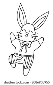 Vector black and white bunny illustration. Easter traditional animal line icon. Cute spring rabbit coloring page for kids. Happy hare in pants jumping with joy
