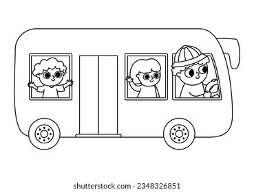 Vector black and white bus with driver and passengers. Funny line autobus for kids with cute boy and girl. Cute vehicle clip art. Public transport icon or coloring page isolated on white background
