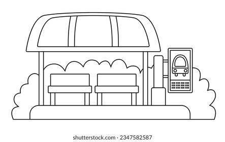 Vector black and white bus stop icon. Cartoon public transport waiting station. City or countryside transportation line clipart or coloring page with greenery, benches, roof and timetable
