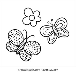 Mariposas y flores de vectores en blanco y negro. Icono de línea de verano o primavera. Página de coloreado para niños con insectos y plantas
