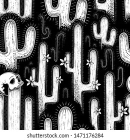 Vector Black and White Cactus Seamless Pattern   