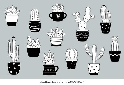 Vector black and white cactus and succulents set. Cute cactus in flower pots.