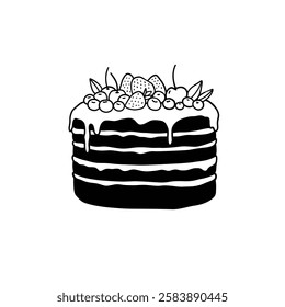 Vector black and white cake illustration. Vector chocolate cake with berries. Simple cake illustration