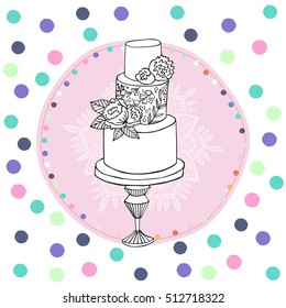 Vector black and white cake on polka-dot background