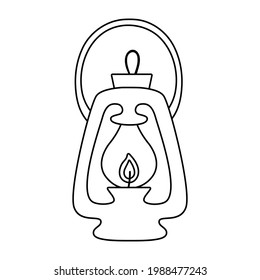 Linterna de campo blanco y negro vectorial aislada en fondo blanco. Ilustración de equipos de iluminación para niños. Lámpara de contorno retro. Linterna de línea de corte de queroseno para viajar.
