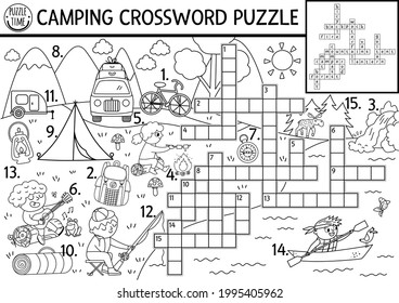 Vector Black And White Camping Crossword Puzzle. Simple Forest Summer Camp Outline Quiz For Children. Educational Activity With Kids Fishing, Hiking. Woodland Cross Word Or Coloring Page.  

