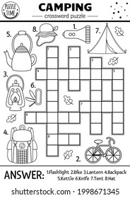 Vector black and white camping crossword puzzle for kids. Simple Summer camp outline quiz with forest equipment. Activity with lantern, tent, backpack. Road trip cross word or coloring page.  

