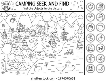 Vector black and white camping searching game or coloring page with cute animals in the forest. Spot hidden objects. Simple seek and find s outline summer camp or woodland printable activity 
