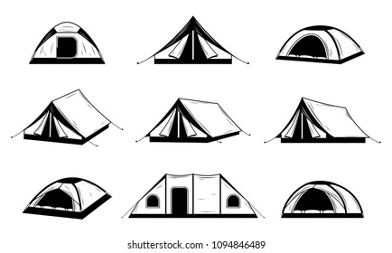 Vector Black And White Camping Tent Icons.