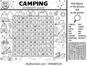 Vector Black And White Camping Wordsearch Puzzle. Simple Forest Summer Camp Outline Crossword Or Coloring Page. Educational Keyword Activity With Kids Fishing, Hiking, Playing Guitar 
