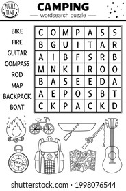 Vector black and white camping wordsearch puzzle. Simple forest summer camp outline crossword or coloring page. Educational keyword activity with kids backpack, map, bike, boat, fire, guitar