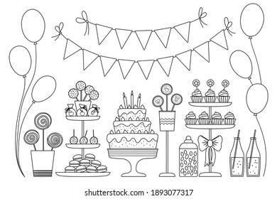 Vector black and white candy bar. Cute outline birthday meal with cake, candles, cupcakes, cake pops, jelly beans, flags. Funny dessert illustration for card, poster, print design. Holiday line icons