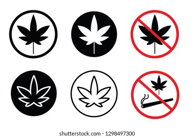 Vector black and white cannabis leaf icons isolated on white background. 
