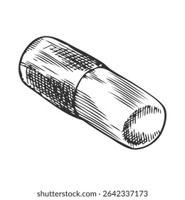 Vector black and white capsule - pill sketch, hand drawn illustration. Pill shell. For pharmaceutical and medical themes. Natural drug or chemistry. Vitamin, antibiotic. Isolated background.
