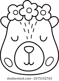 Vector black and white capybara head icon. Cute line capibara face with flowers. Funny animal illustration isolated on white background. Comic holiday guinea pig clipart, coloring page