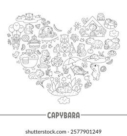 Vector black and white capybara heart shaped frame with relaxed animals, frog, tangerines, fruit. Capibara card template design for banners, invitations. Cute line illustration, coloring page