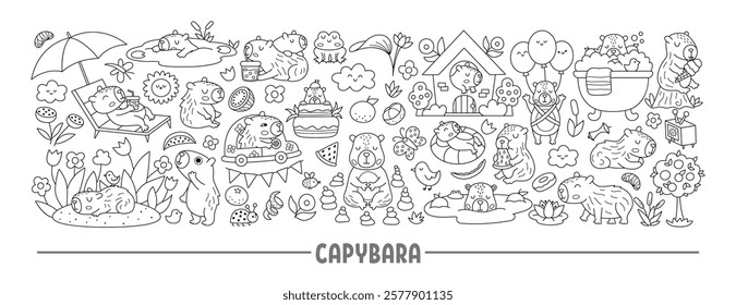 Vector black and white capybara horizontal set with relaxed animals, frog, tangerines, fruit. Capibara card template or frame design for banners, invitations. Cute line illustration, coloring page